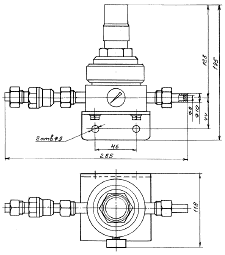 Габаритные и установочные размеры редуктора давления с фильтром РДФ-7